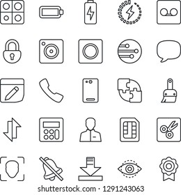 Thin Line Icon Set - phone back vector, call, message, mobile camera, themes, user, calculator, record, sim, network, notes, data exchange, download, mute, cut, lock, face id, eye, battery, charge