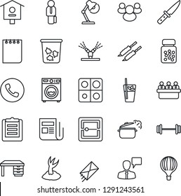 Thin Line Icon Set - phone vector, trash bin, speaking man, desk, notepad, meeting, sproute, bird house, pills bottle, barbell, clipboard, news, group, scanner, application, lamp, manager, washer