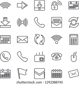 Thin Line Icon Set - phone vector, right arrow, mail, mouse, calendar, call, update, download, wireless, calculator, lock, flag
