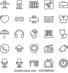 Thin Line Icon Set - phone vector, office chair, case, abacus, desk, stamp, fence, glove, butterfly, real heart, cargo container, umbrella, tulip, radio, headphones, cut, cushioned furniture, tv
