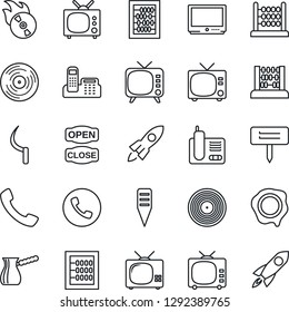 Thin Line Icon Set - phone vector, tv, abacus, stamp, sickle, plant label, vinyl, flame disk, radio, call, office, open close, turkish coffee, rocket