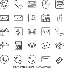Thin Line Icon Set - phone vector, mail, mouse, calendar, call, update, download, wireless, calculator, lock, flag
