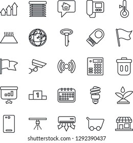 Thin Line Icon Set - phone back vector, irrigation, wireless, air conditioner, intercome, thermometer, warm floor, energy saving bulb, jalousie, trash bin, combination lock, usb flash, surveillance