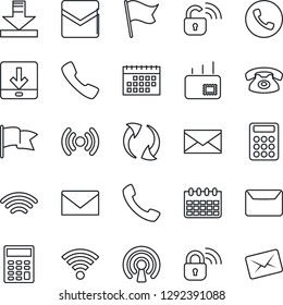 Thin Line Icon Set - phone vector, mail, calendar, call, update, download, wireless, calculator, lock, flag