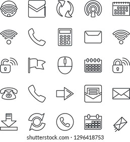 Thin Line Icon Set - phone vector, right arrow, mail, mouse, calendar, call, update, download, wireless, calculator, lock, flag