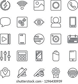 Thin Line Icon Set - phone vector, ladder car, mobile tracking, term, cell, back, message, camera, gallery, tuning, calculator, record, network, mute, cut, face id, eye, video, battery, charge