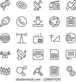 Thin Line Icon Set - phone vector, team, satellite, clipboard, antenna, microphone, radio, network, share, chain, hdmi, message, mail, sim, download, cellular signal, wireless, gear