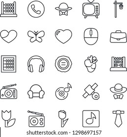 Thin Line Icon Set - phone vector, case, abacus, mouse, stamp, butterfly, garden light, real heart, satellite, tulip, radio, tv, headphones, music, cushioned furniture, dress code, tie