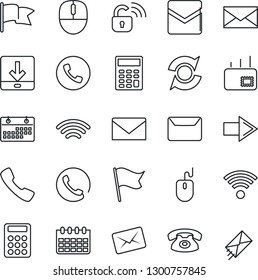 Thin Line Icon Set - phone vector, right arrow, mail, mouse, calendar, call, download, wireless, update, calculator, lock, flag