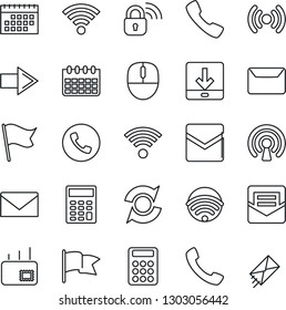 Thin Line Icon Set - phone vector, right arrow, mail, mouse, calendar, call, download, wireless, update, calculator, lock, flag