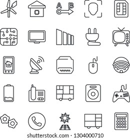 Thin Line Icon Set - phone vector, gear, mouse, consolidated cargo, sorting, route, satellite antenna, tv, gamepad, monitor, radio, speaker, low battery, hdmi, sim, face id, wireless, smart home