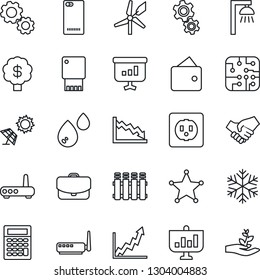 Thin Line Icon Set - phone back vector, chip, socket, router, snowflake, gear, water, radiator, outdoor lamp, police, sun panel, windmill, usb flash, handshake, wallet, growth graph, crisis, case