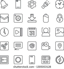 Thin Line Icon Set - phone back vector, message, mobile camera, gallery, settings, clock, stopwatch, bell, mail, record, scanner, calendar, download, torch, cut, place tag, lock, face id, video