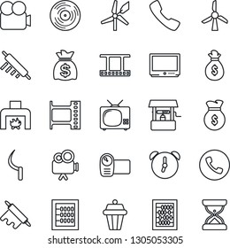 Thin Line Icon Set - phone vector, abacus, money bag, well, sickle, film frame, vinyl, tv, video camera, call, alarm, fireplace, rolling pin, outdoor lamp, windmill, sand clock