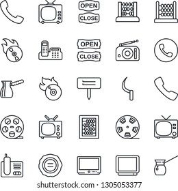 Thin Line Icon Set - phone vector, tv, abacus, stamp, sickle, plant label, reel, flame disk, radio, call, office, open close, turkish coffee