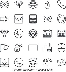 Thin Line Icon Set - phone vector, right arrow, mouse, calendar, call, update, mail, download, wireless, calculator, lock, flag