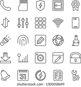 Thin Line Icon Set - phone back vector, call, menu, mobile camera, protect, tuning, themes, bell, scanner, sd, sim, network, calendar, notes, data exchange, download, wireless, torch, lock, charge