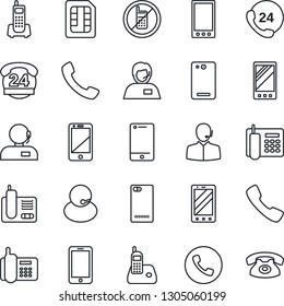 Thin Line Icon Set - phone vector, no mobile, office, 24 hours, support, cell, radio, back, call, sim