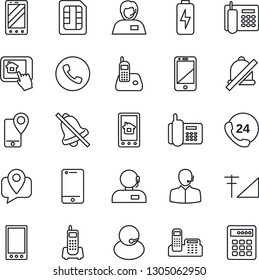 Thin Line Icon Set - phone vector, mobile, office, 24 hours, support, tracking, cell, radio, sim, mute, cellular signal, charge, home control app, combination lock
