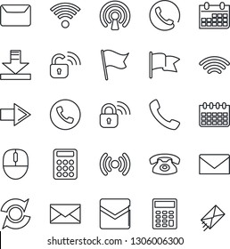 Thin Line Icon Set - phone vector, right arrow, mail, mouse, calendar, call, download, wireless, update, calculator, lock, flag