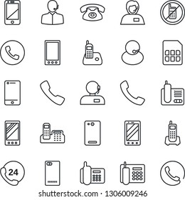 Thin Line Icon Set - phone vector, no mobile, office, 24 hours, support, cell, radio, back, call, sim