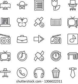 Thin Line Icon Set - phone vector, tv, right arrow, case, abacus, desk, butterfly, garden light, satellite, cargo container, tulip, radio, headphones, music, office chair, restaurant table, clock