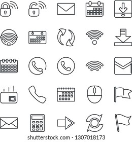 Thin Line Icon Set - phone vector, right arrow, mail, mouse, calendar, call, update, download, wireless, calculator, lock, flag