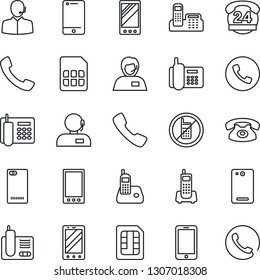 Thin Line Icon Set - phone vector, no mobile, office, 24 hours, support, cell, radio, back, call, sim