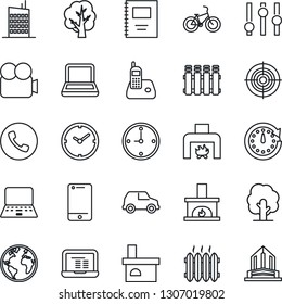 Thin Line Icon Set - phone vector, notebook pc, tree, fireplace, bike, earth, settings, video camera, cell, radio, copybook, clock, target, heater, city house, radiator, car, office building