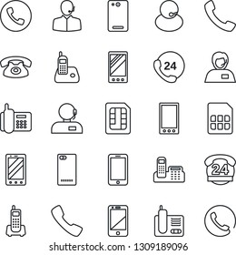 Thin Line Icon Set - phone vector, mobile, office, 24 hours, support, cell, radio, back, call, sim