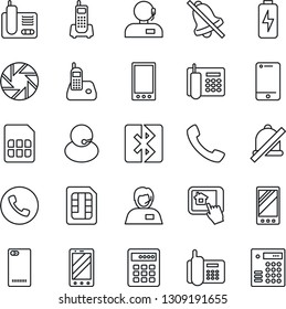 Thin Line Icon Set - phone vector, mobile, office, support, cell, radio, back, call, camera, sim, mute, bluetooth, charge, home control app, combination lock