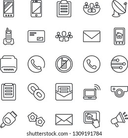 Thin Line Icon Set - phone vector, no mobile, wireless notebook, gear, mail, office, clipboard, satellite antenna, cell, chain, hdmi, network, company, web camera, home control app, group