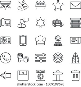 Thin Line Icon Set - phone vector, ticket, washer, left arrow, mobile, speaking man, mail, meeting, pond, blood pressure, scales, ambulance car, signpost, tuning, office building, target, sun panel