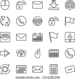 Thin Line Icon Set - phone vector, right arrow, mail, mouse, calendar, update, download, calculator, wireless, lock, flag