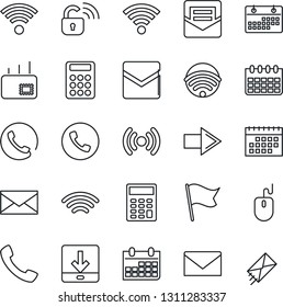 Thin Line Icon Set - phone vector, right arrow, mail, mouse, calendar, call, download, wireless, calculator, lock, flag