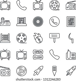 Thin Line Icon Set - phone vector, tv, abacus, sickle, plant label, reel, vinyl, flame disk, radio, call, office, open close, rocket