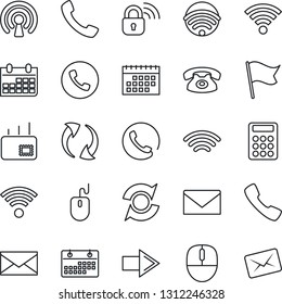 Thin Line Icon Set - phone vector, right arrow, mail, mouse, calendar, call, update, wireless, calculator, lock, flag