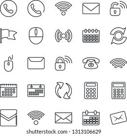 Thin Line Icon Set - phone vector, mail, mouse, calendar, update, wireless, calculator, lock, flag