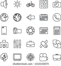 Thin Line Icon Set - phone vector, camera, left arrow, case, tree, sun, bike, earth, satellite, settings, tv, video, back, mobile, application, calendar, calculator, target, fireplace, sound
