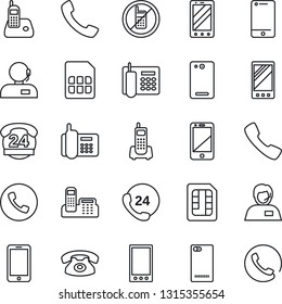 Thin Line Icon Set - phone vector, no mobile, office, 24 hours, support, cell, radio, back, call, sim