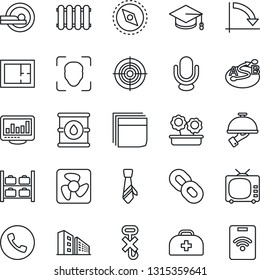 Thin Line Icon Set - phone vector, luggage storage, graduate, crisis graph, doctor case, tomography, no hook, oil barrel, route, tv, microphone, chain, compass, face id, monitor statistics, target