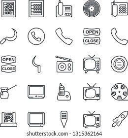 Thin Line Icon Set - phone vector, tv, abacus, stamp, sickle, plant label, reel, vinyl, radio, call, office, open close, turkish coffee, rocket