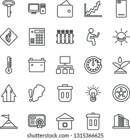 Thin Line Icon Set - phone back vector, smart home, fan, irrigation, pc, smoke detector, thermometer, radiator, trash bin, combination lock, battery, alarm led, arrow up graph, motivation, wallet