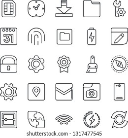 Thin Line Icon Set - phone back vector, settings, themes, clock, mail, scanner, sim, folder, calendar, notes, download, wireless, place tag, compass, lock, fingerprint id, photo gallery, charge