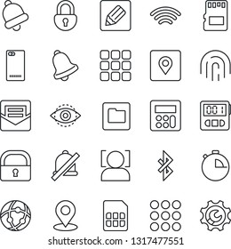 Thin Line Icon Set - phone back vector, menu, calculator, stopwatch, bell, mail, sd, sim, network, folder, notes, wireless, mute, bluetooth, place tag, lock, face id, eye, fingerprint, root setup