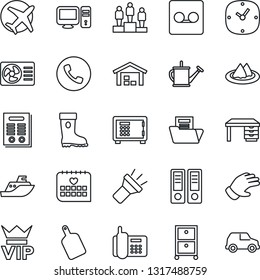 Thin Line Icon Set - phone vector, vip, safe, pedestal, office binder, desk, watering can, glove, boot, medical calendar, plane, sea shipping, clock, record, torch, document folder, archive box, pc