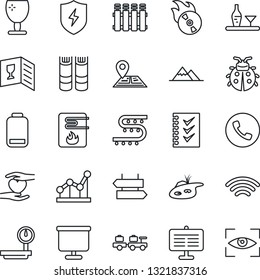 Thin Line Icon Set - phone vector, signpost, baggage larry, book, lady bug, drip irrigation, heart hand, navigation, fragile, heavy scales, flame disk, low battery, protect, wireless, checklist