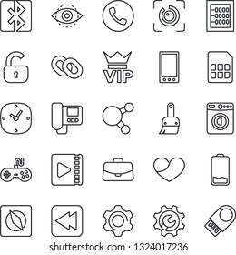 Thin Line Icon Set - phone vector, vip, washer, case, gamepad, share, chain, heart, low battery, rewind, mobile, settings, themes, clock, sim, bluetooth, compass, eye id, video, root setup, abacus