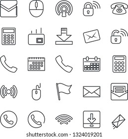 Thin Line Icon Set - phone vector, mail, mouse, calendar, call, download, wireless, calculator, lock, flag