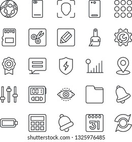 Thin Line Icon Set - phone back vector, menu, message, protect, tuning, themes, calculator, stopwatch, bell, sd, network, folder, calendar, notes, cut, place tag, face id, eye, cellular signal